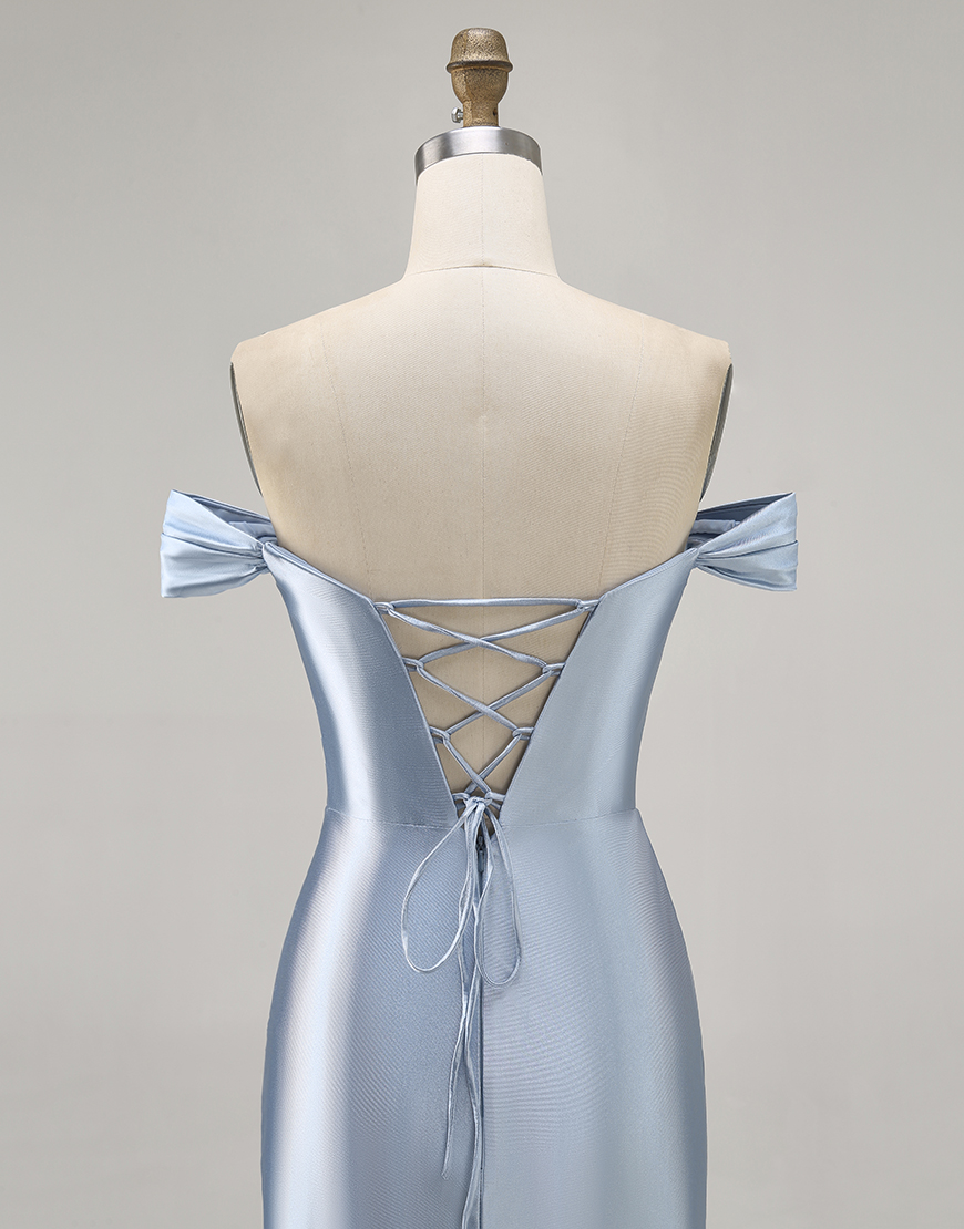 Grey Blue Satin Satin Off the Shoulder Short Homecoming Dress
