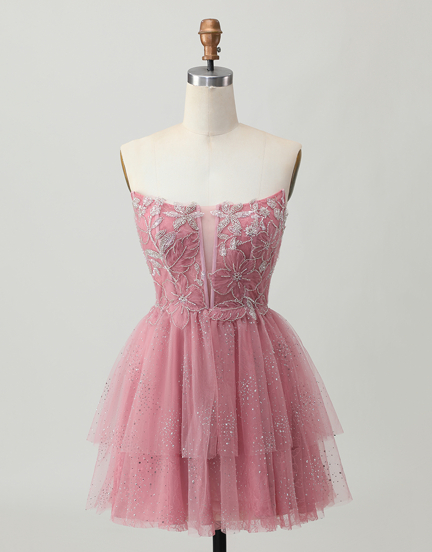 Glitter Dusty Rose Short Tulle Ruffled Tiered Corset Homecoming Dress