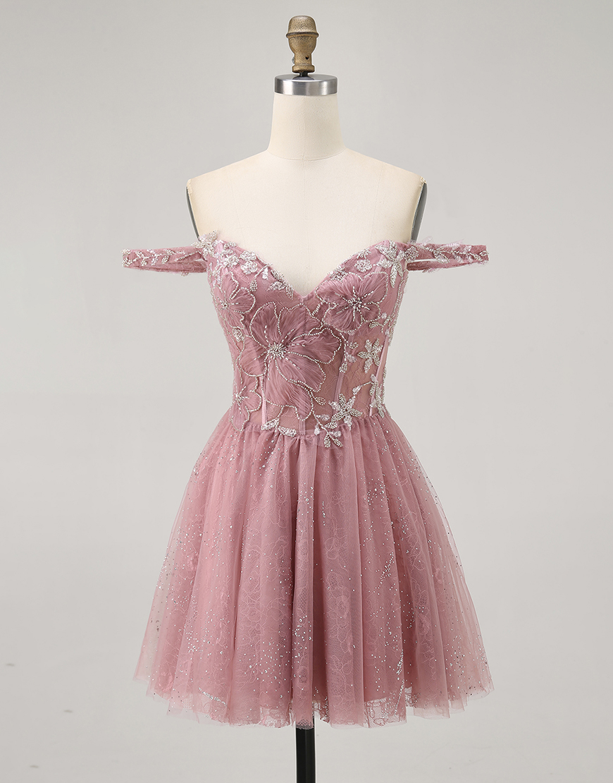 Dusty Rose Off the Shoulder Floral Tulle A-Line Short Corset Homecoming Dress