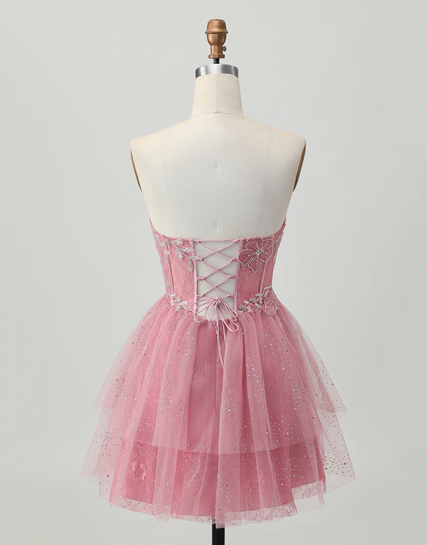 Glitter Dusty Rose Short Tulle Ruffled Tiered Corset Homecoming Dress