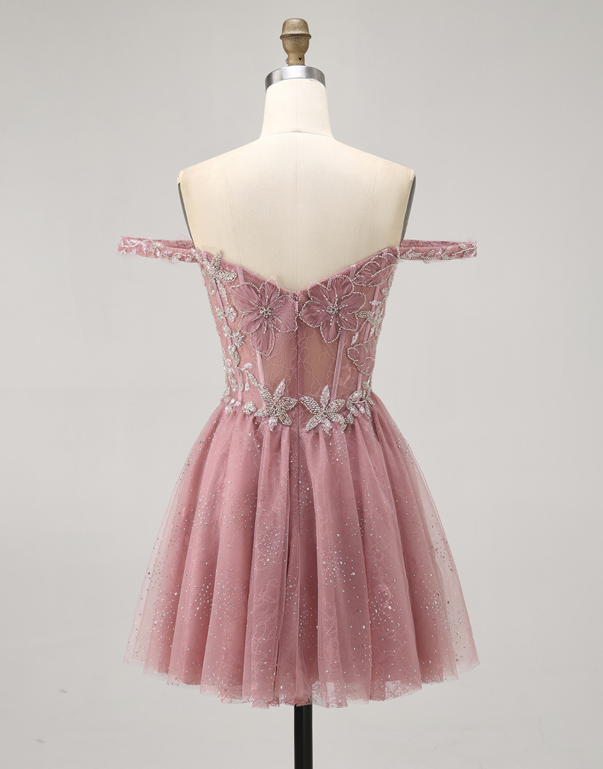 Dusty Rose Off the Shoulder Floral Tulle A-Line Short Corset Homecoming Dress