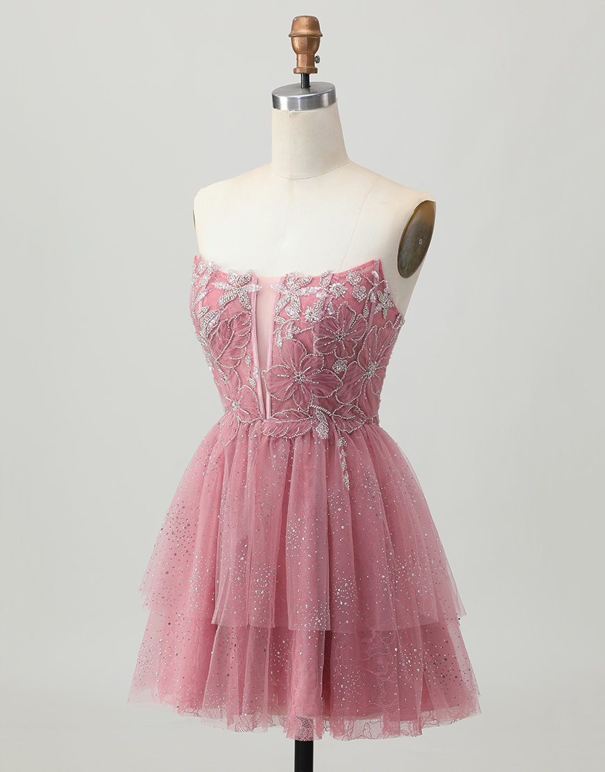 Glitter Dusty Rose Short Tulle Ruffled Tiered Corset Homecoming Dress