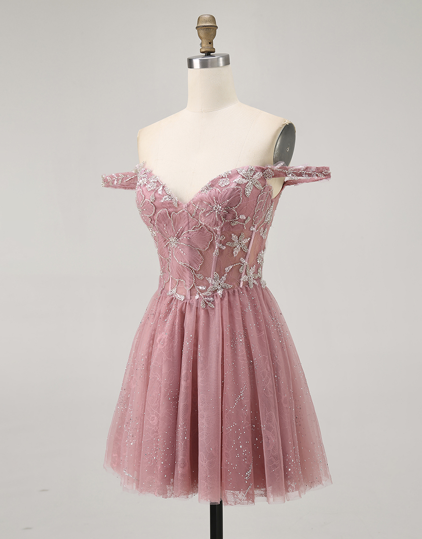 Dusty Rose Off the Shoulder Floral Tulle A-Line Short Corset Homecoming Dress