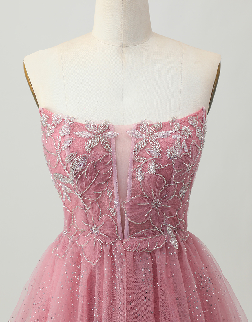 Glitter Dusty Rose Short Tulle Ruffled Tiered Corset Homecoming Dress