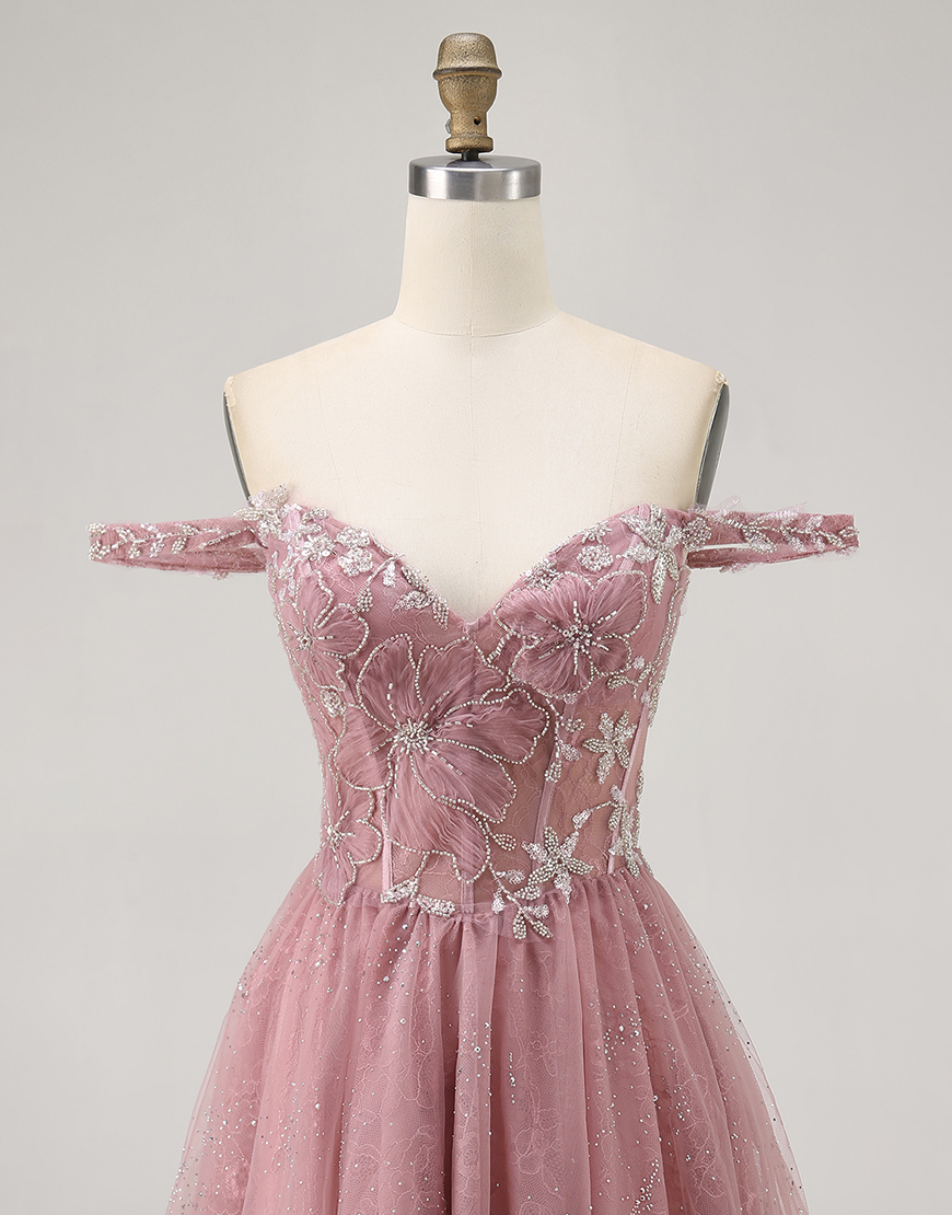 Dusty Rose Off the Shoulder Floral Tulle A-Line Short Corset Homecoming Dress