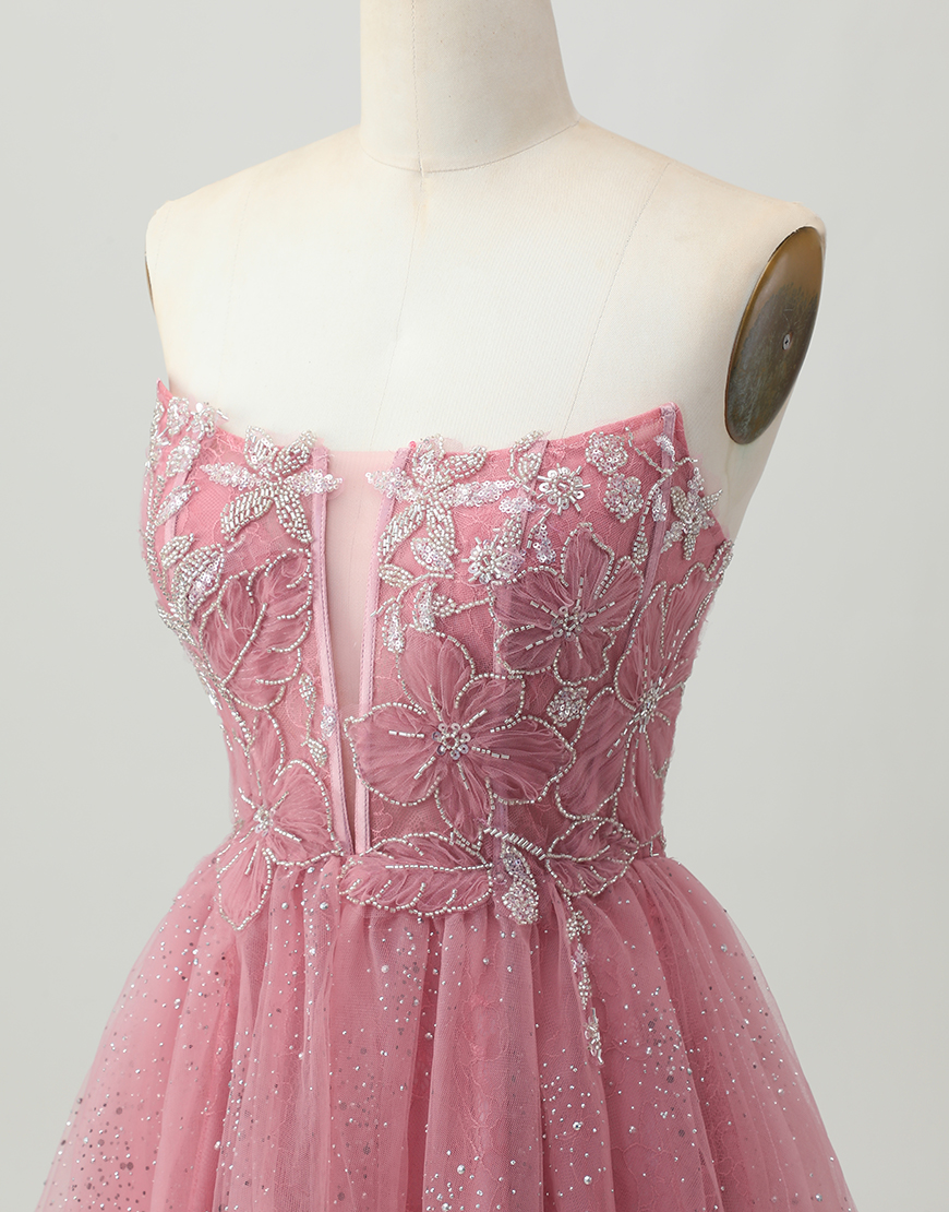 Glitter Dusty Rose Short Tulle Ruffled Tiered Corset Homecoming Dress