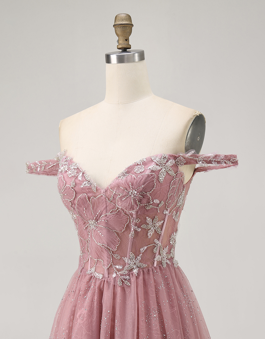 Dusty Rose Off the Shoulder Floral Tulle A-Line Short Corset Homecoming Dress