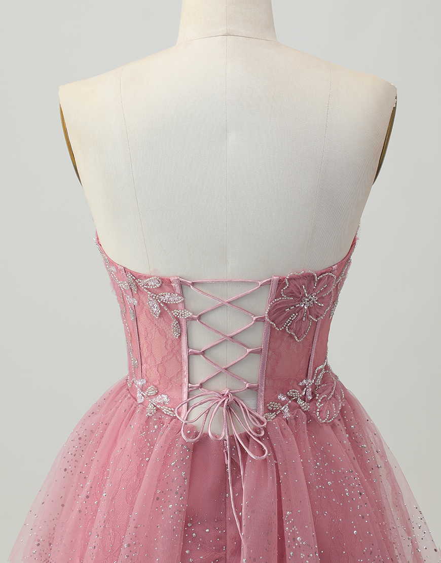 Glitter Dusty Rose Short Tulle Ruffled Tiered Corset Homecoming Dress