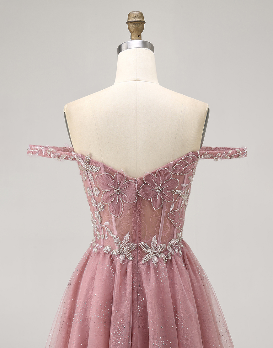 Dusty Rose Off the Shoulder Floral Tulle A-Line Short Corset Homecoming Dress