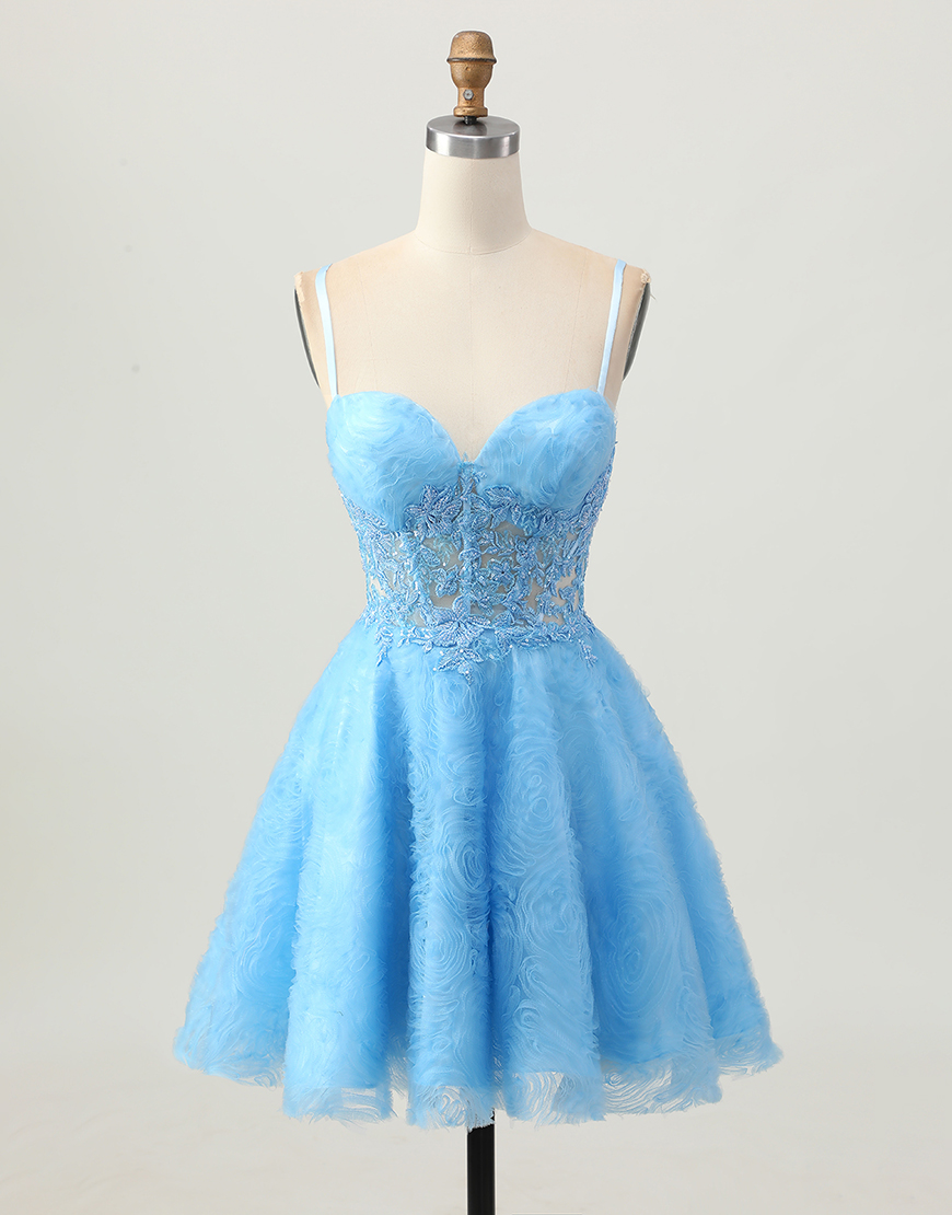 Blue Spaghetti Straps Floral Corset Short Homecoming Dress with Appliques