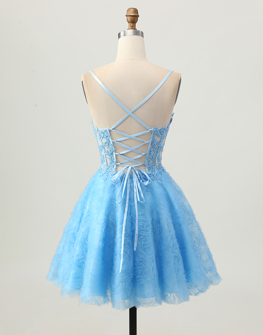 Blue Spaghetti Straps Floral Corset Short Homecoming Dress with Appliques