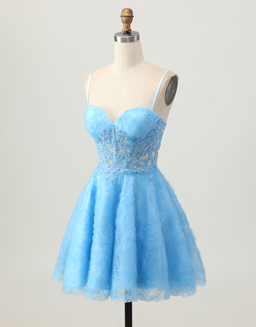 Blue Spaghetti Straps Floral Corset Short Homecoming Dress with Appliques