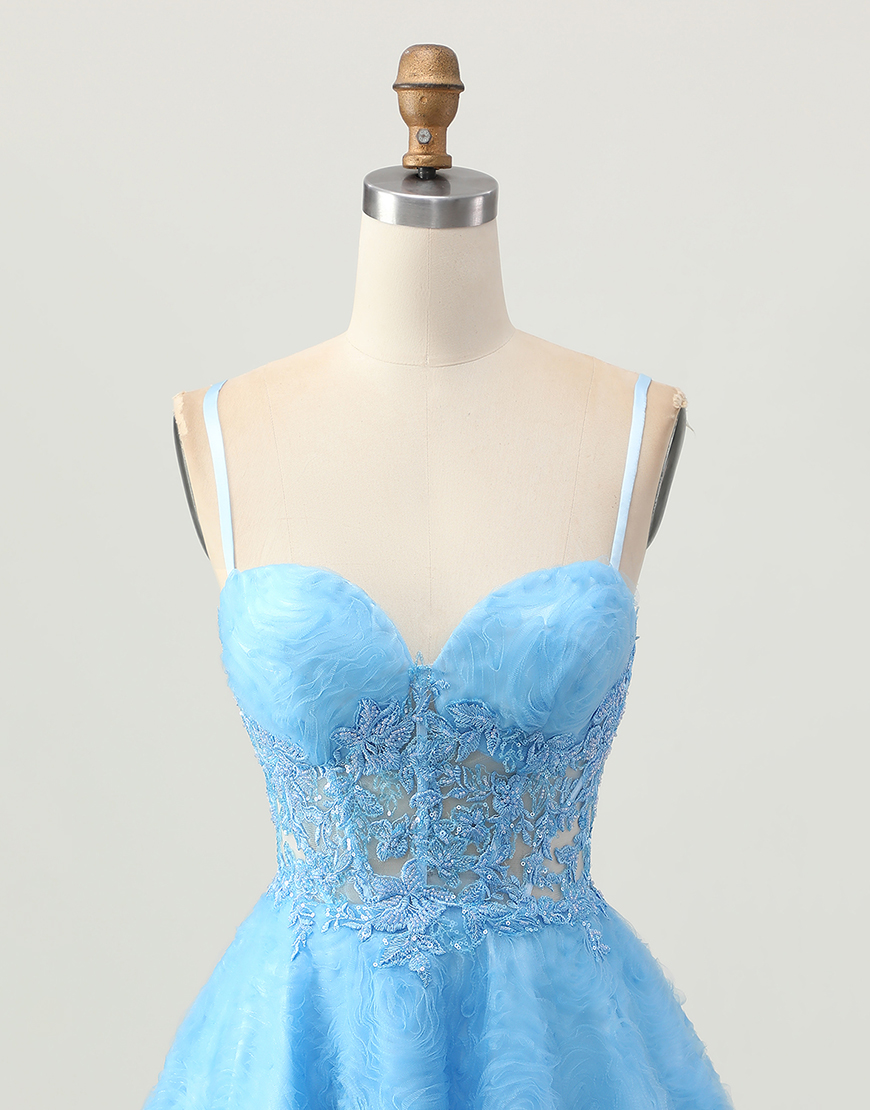 Blue Spaghetti Straps Floral Corset Short Homecoming Dress with Appliques