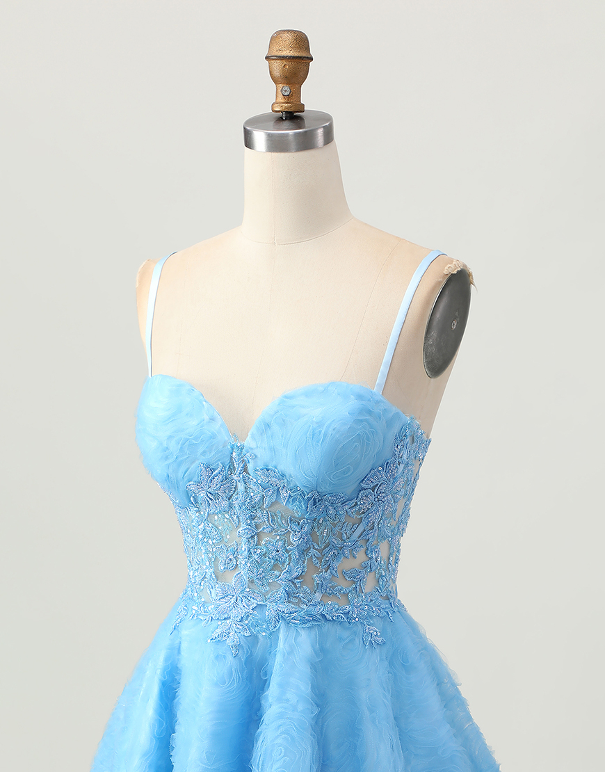 Blue Spaghetti Straps Floral Corset Short Homecoming Dress with Appliques