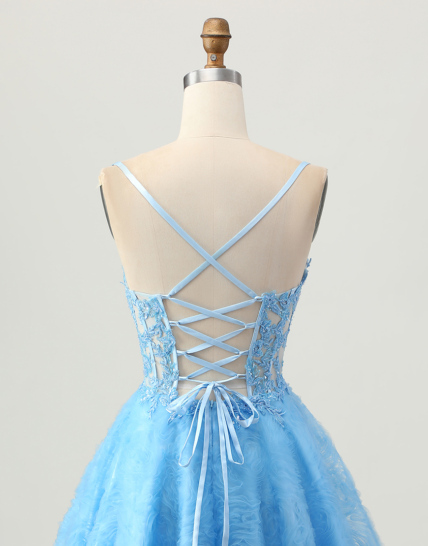 Blue Spaghetti Straps Floral Corset Short Homecoming Dress with Appliques