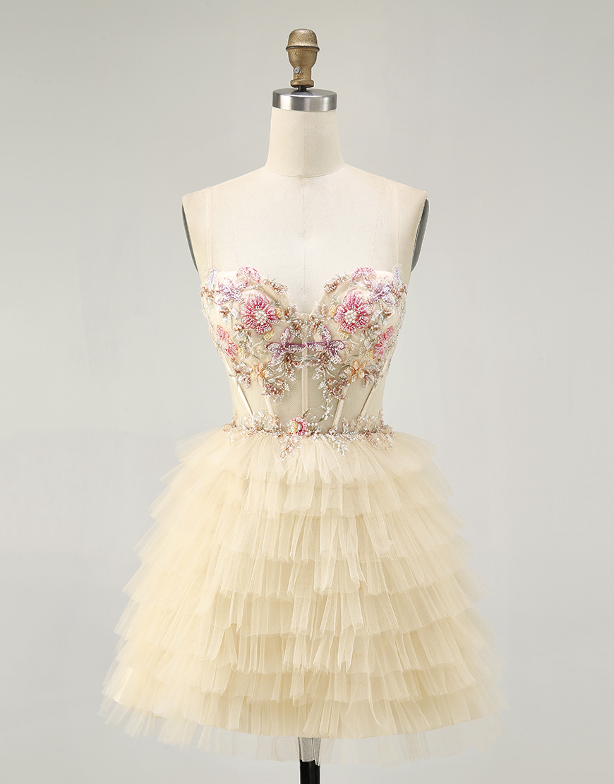 Apricot Floral Short Tiered Corset Homecoming Dress with Ruffles