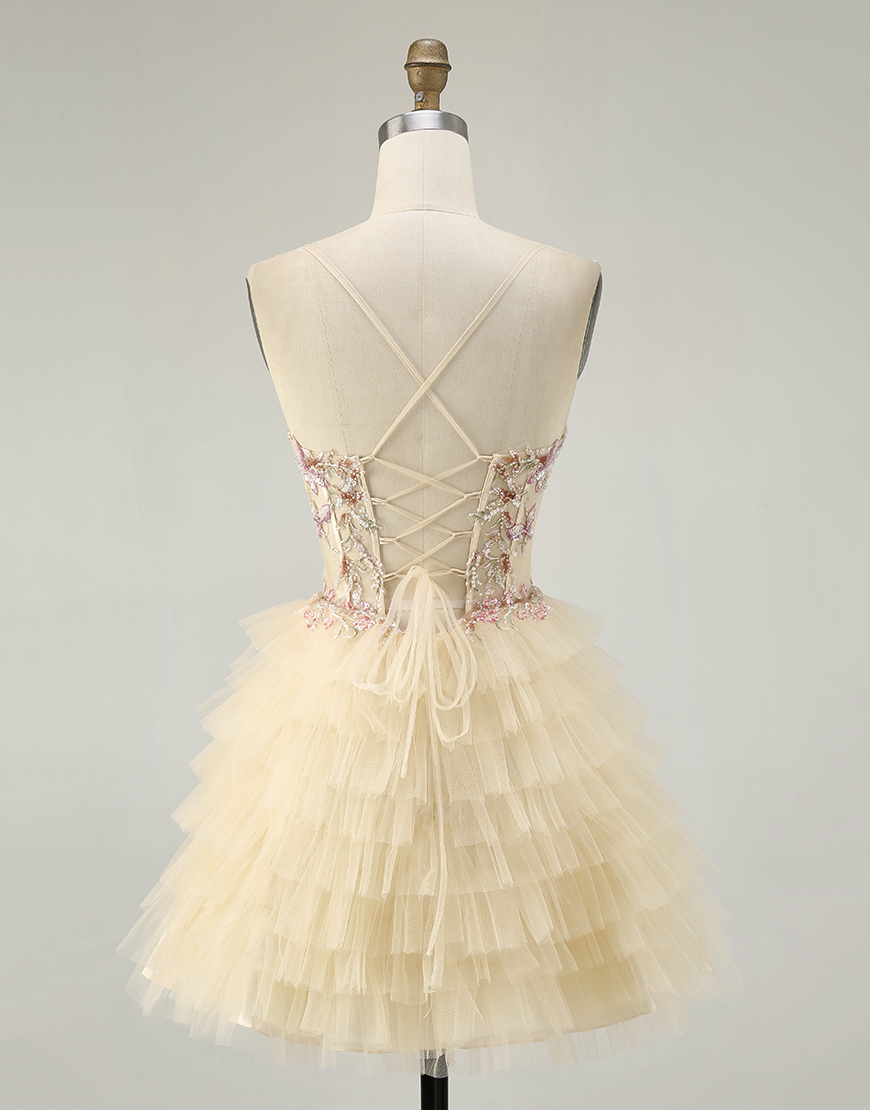 Apricot Floral Short Tiered Corset Homecoming Dress with Ruffles