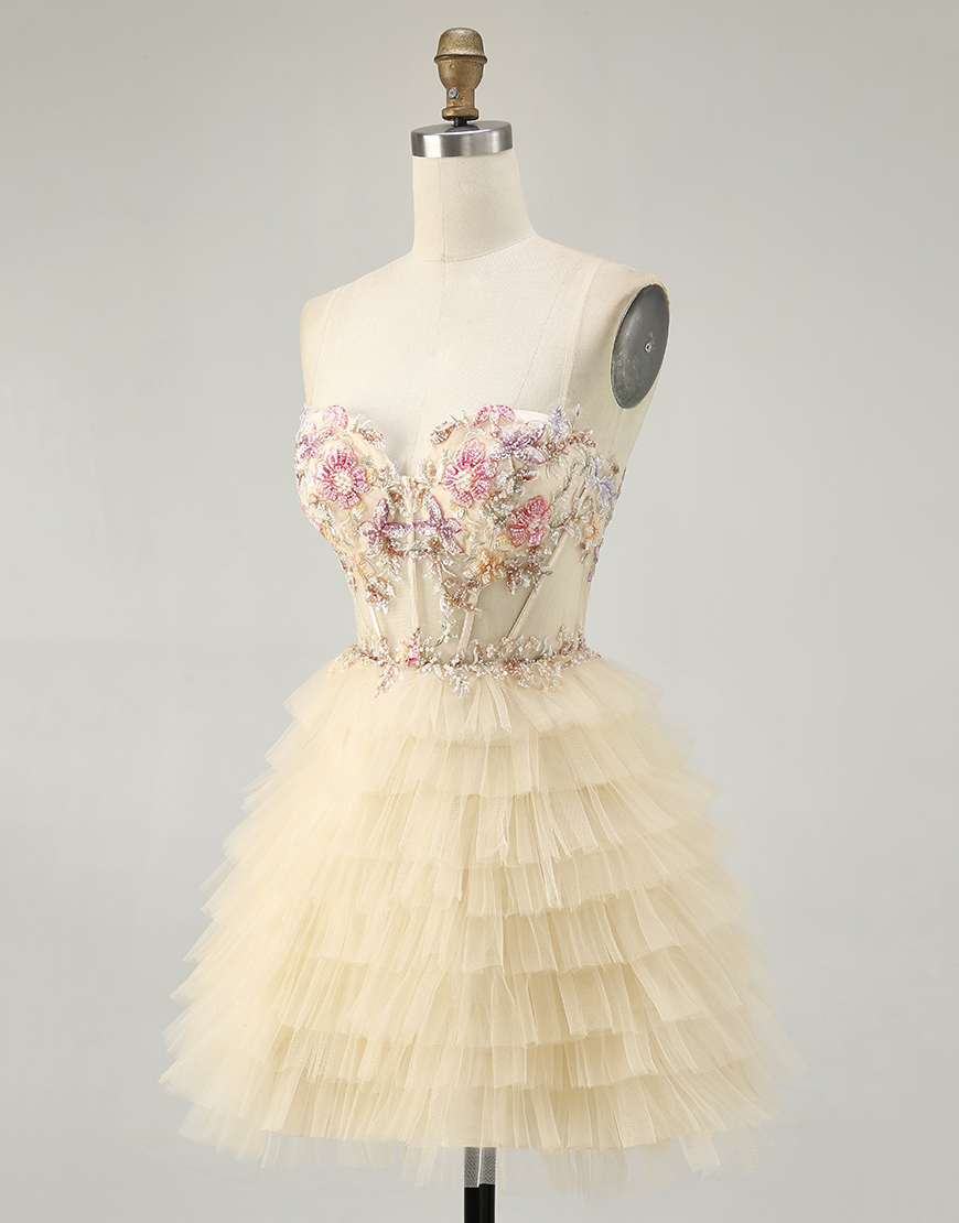 Apricot Floral Short Tiered Corset Homecoming Dress with Ruffles