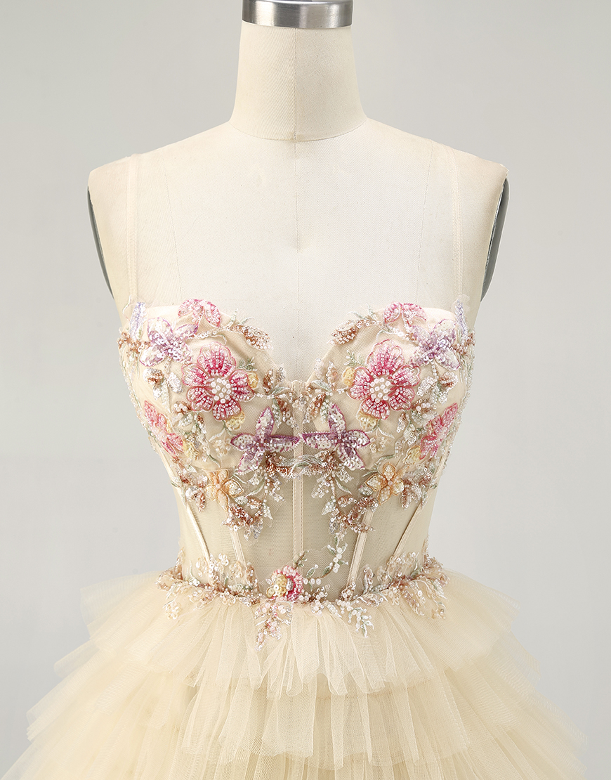 Apricot Floral Short Tiered Corset Homecoming Dress with Ruffles