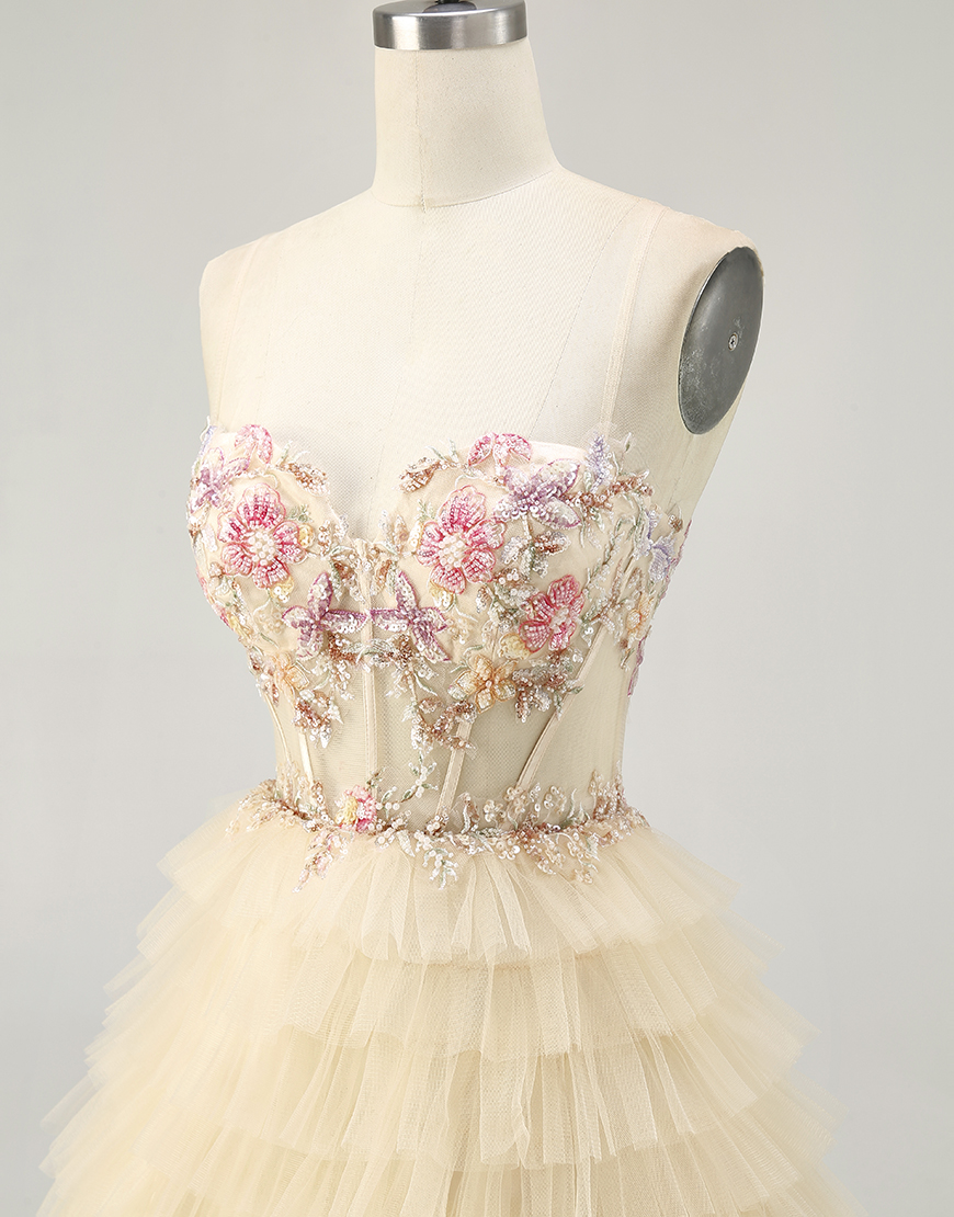 Apricot Floral Short Tiered Corset Homecoming Dress with Ruffles