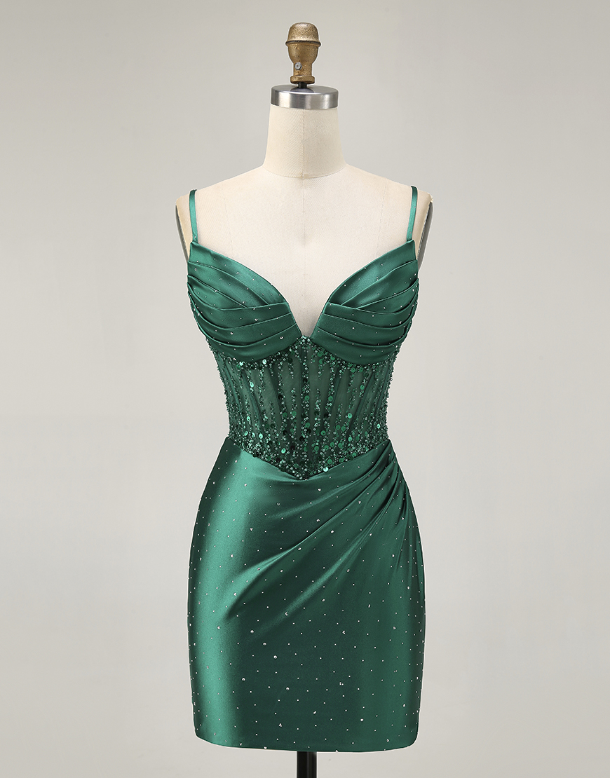 Sparkly Dark Green Corset Short Satin Tight Homecoming Dress with Beading