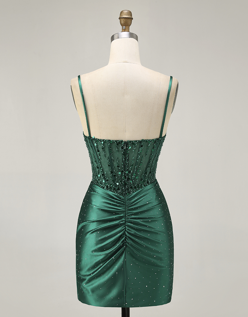 Sparkly Dark Green Corset Short Satin Tight Homecoming Dress with Beading