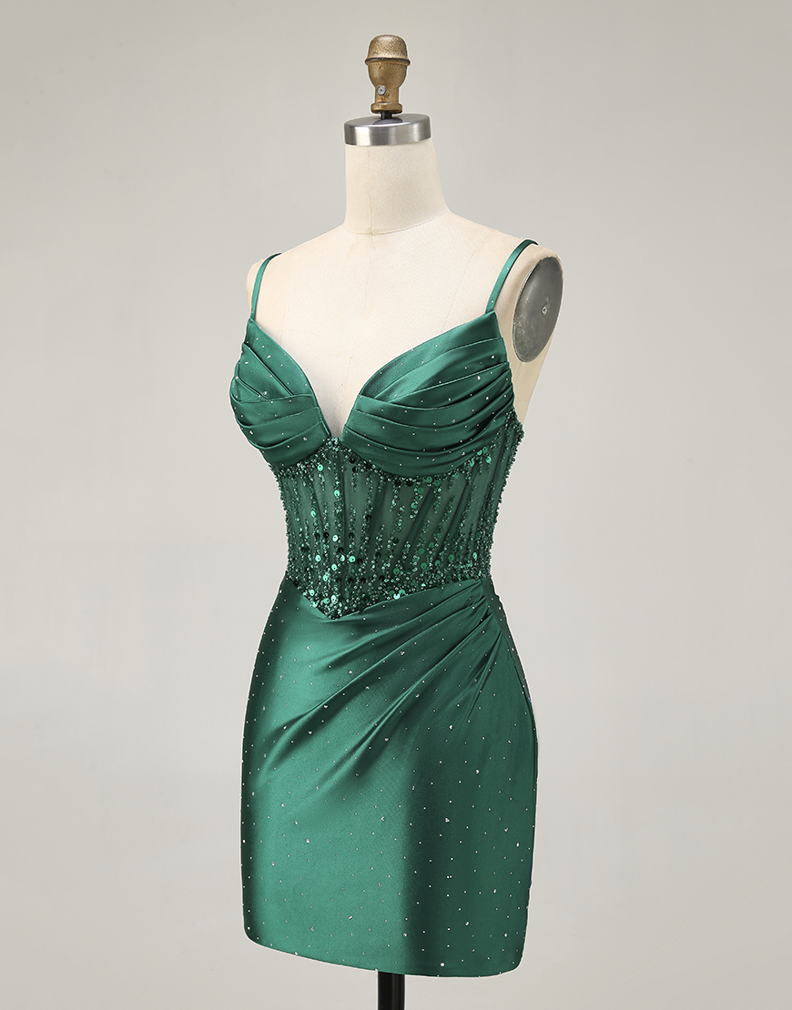 Sparkly Dark Green Corset Short Satin Tight Homecoming Dress with Beading