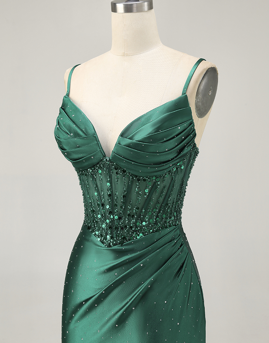 Sparkly Dark Green Corset Short Satin Tight Homecoming Dress with Beading