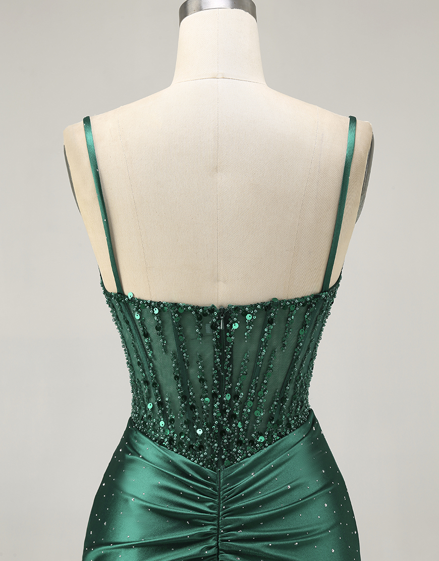 Sparkly Dark Green Corset Short Satin Tight Homecoming Dress with Beading