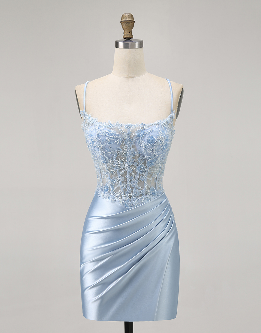 Sparkly Blue Corset Tight Short Satin Homecoming Dress with Lace