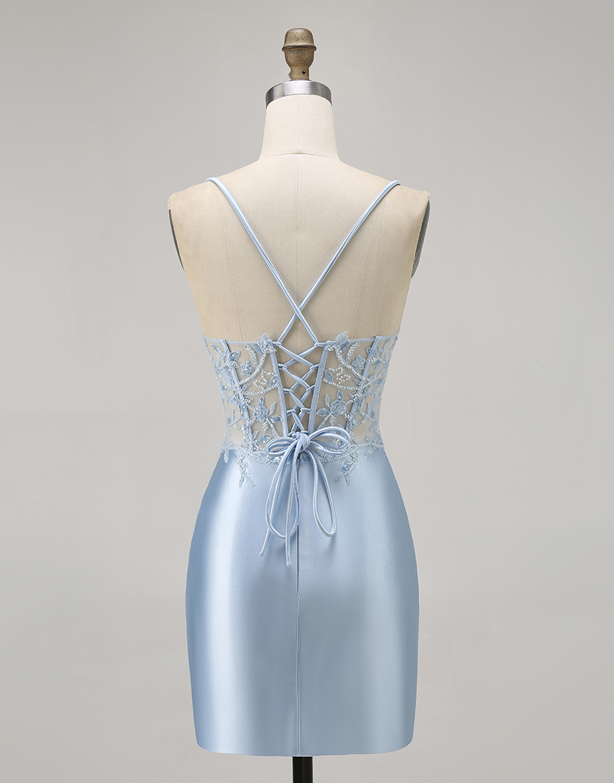 Sparkly Blue Corset Tight Short Satin Homecoming Dress with Lace