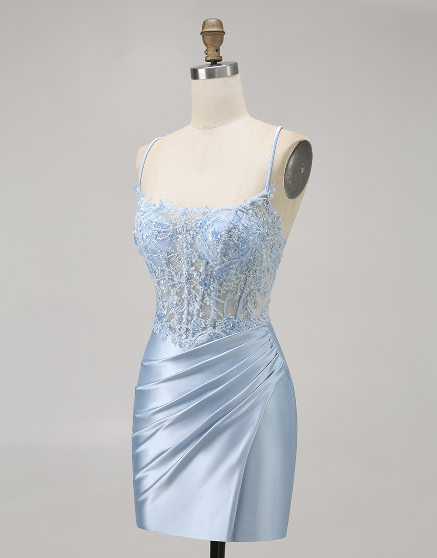 Sparkly Blue Corset Tight Short Satin Homecoming Dress with Lace