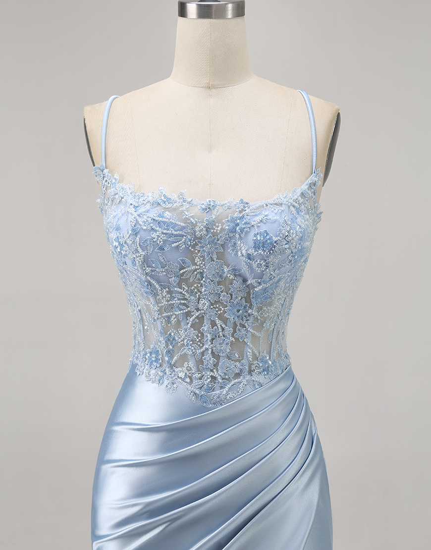 Sparkly Blue Corset Tight Short Satin Homecoming Dress with Lace