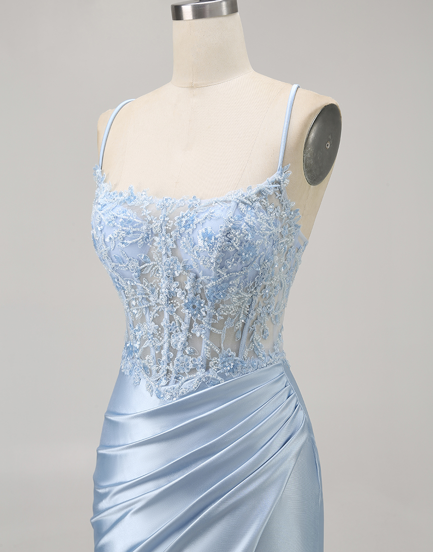 Sparkly Blue Corset Tight Short Satin Homecoming Dress with Lace