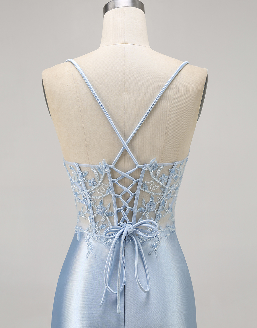 Sparkly Blue Corset Tight Short Satin Homecoming Dress with Lace