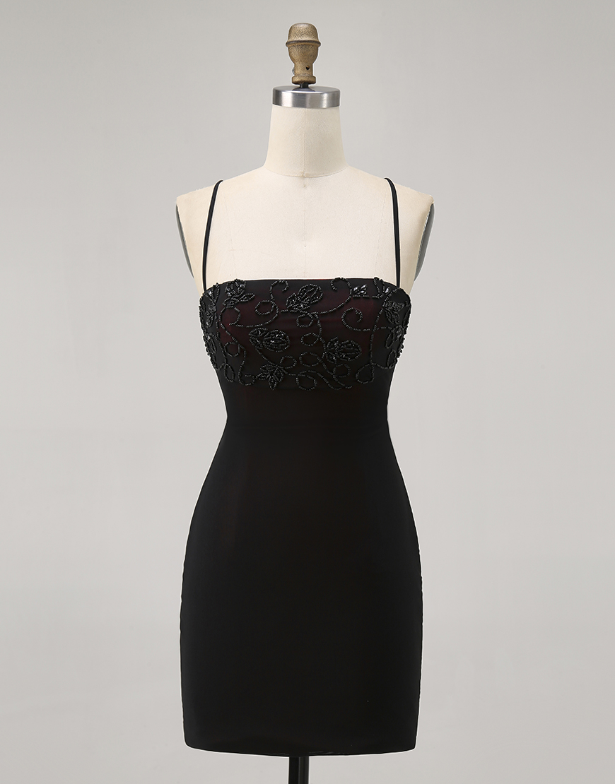 Black Spaghetti Straps Tight Short Homecoming Dress with Beading