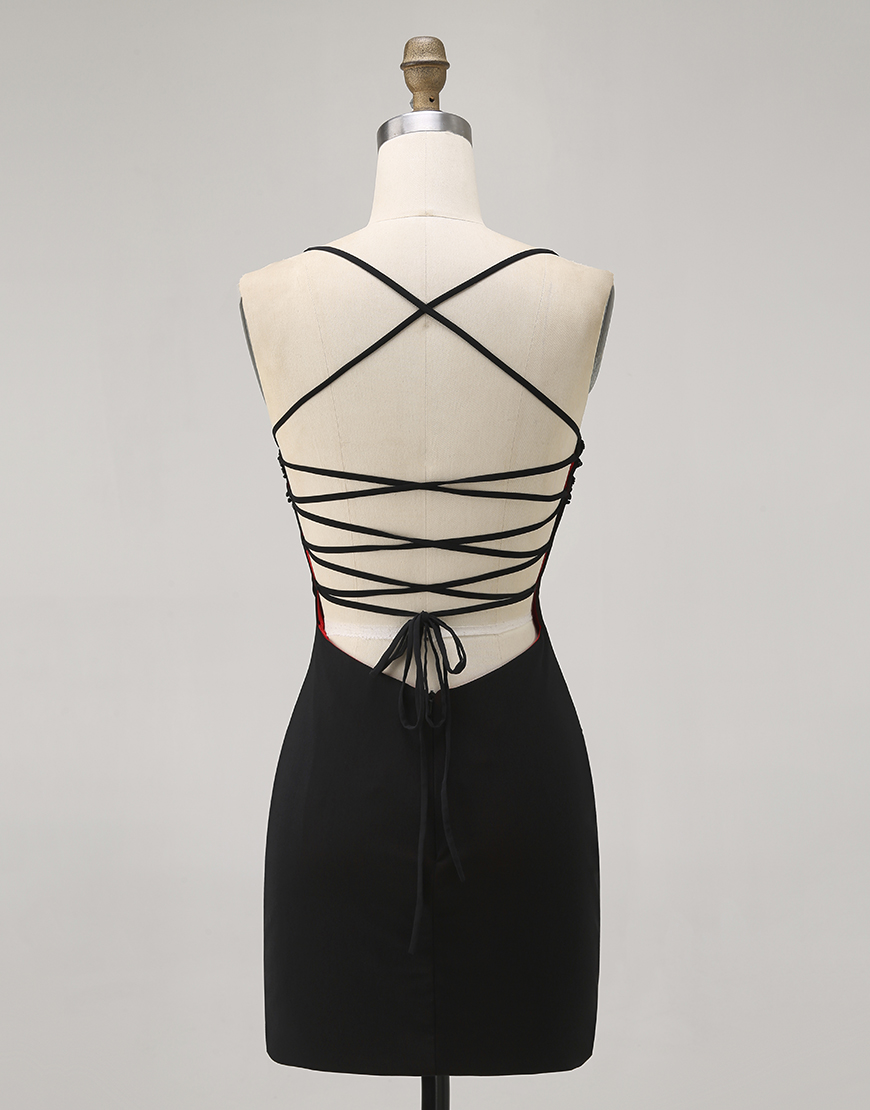 Black Spaghetti Straps Tight Short Homecoming Dress with Beading