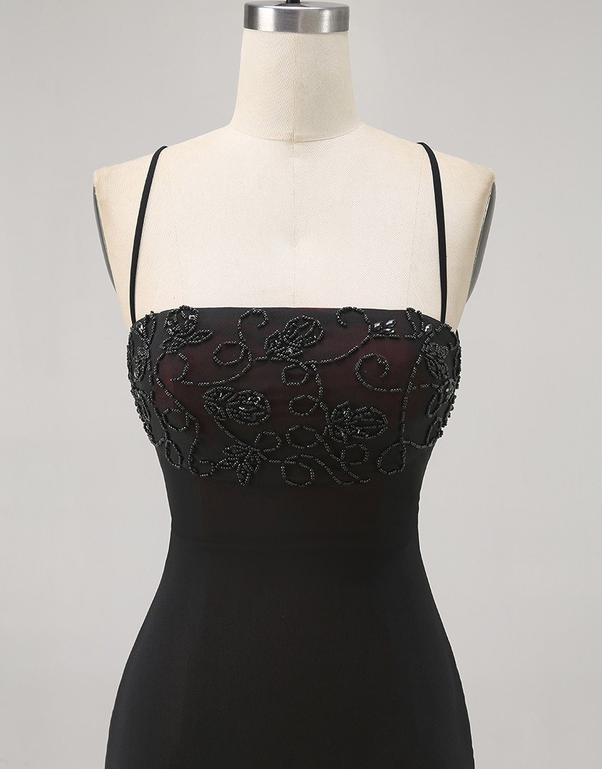 Black Spaghetti Straps Tight Short Homecoming Dress with Beading