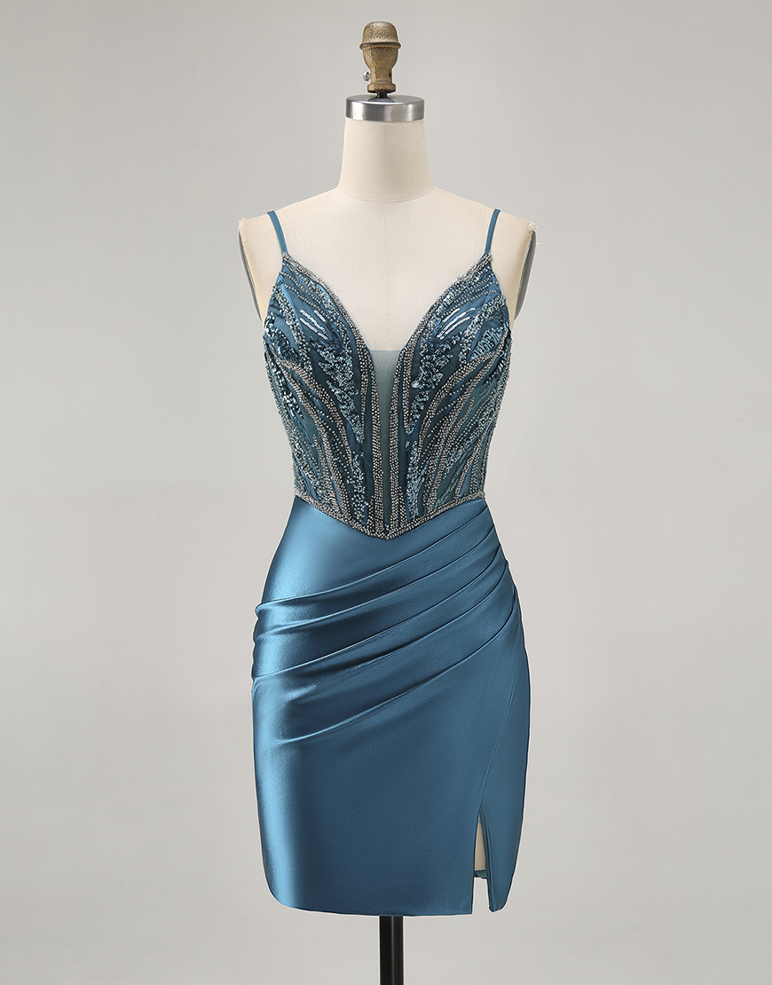 Sparkly Peacock Blue Beaded Short Corset Homecoming Dress with Slit