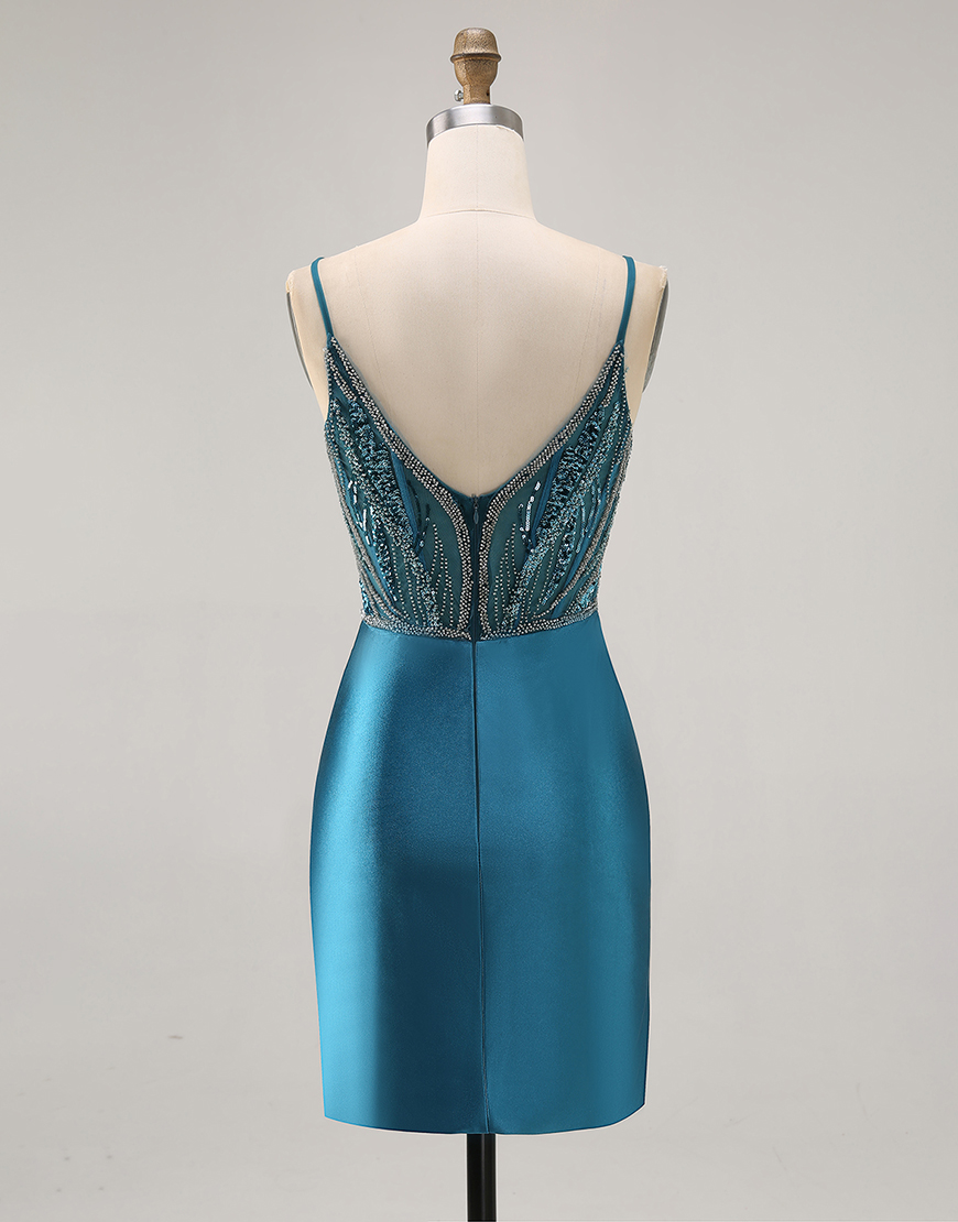 Sparkly Peacock Blue Beaded Short Corset Homecoming Dress with Slit