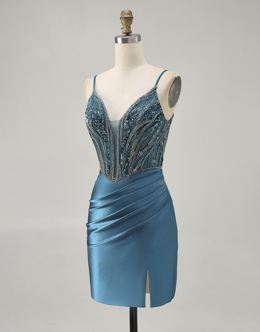 Sparkly Peacock Blue Beaded Short Corset Homecoming Dress with Slit