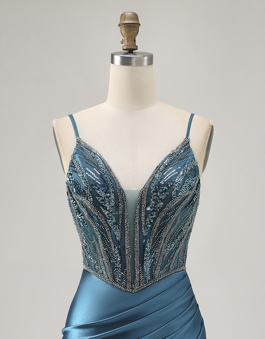 Sparkly Peacock Blue Beaded Short Corset Homecoming Dress with Slit
