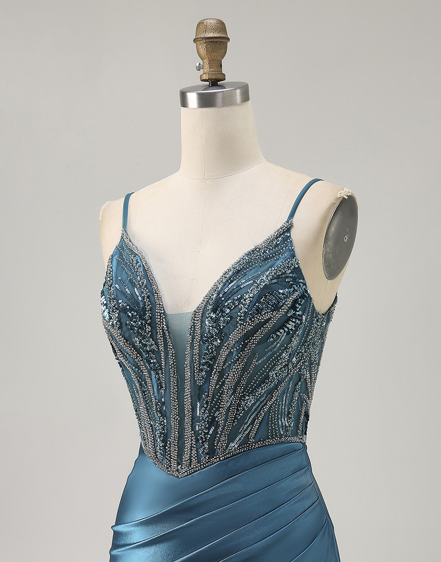 Sparkly Peacock Blue Beaded Short Corset Homecoming Dress with Slit