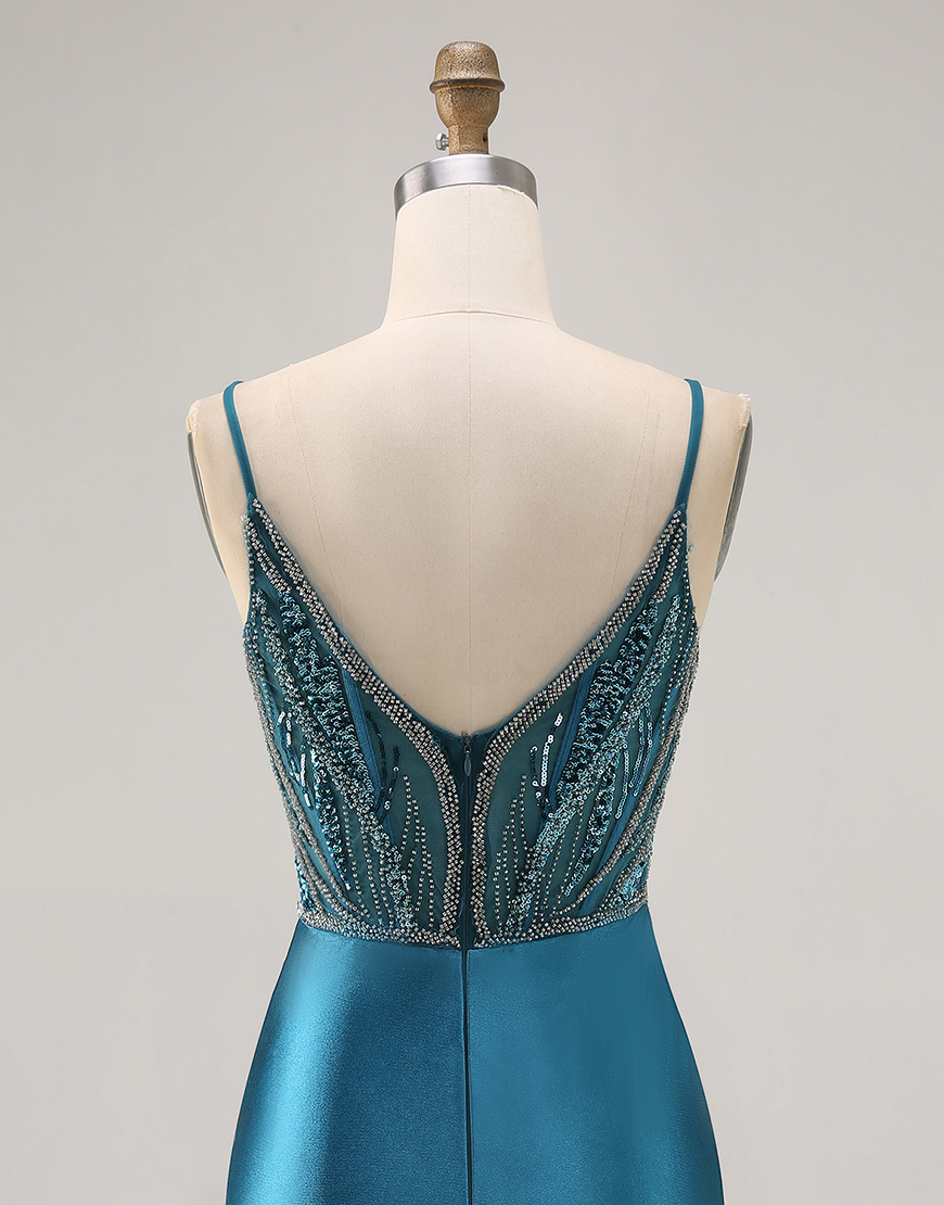 Sparkly Peacock Blue Beaded Short Corset Homecoming Dress with Slit