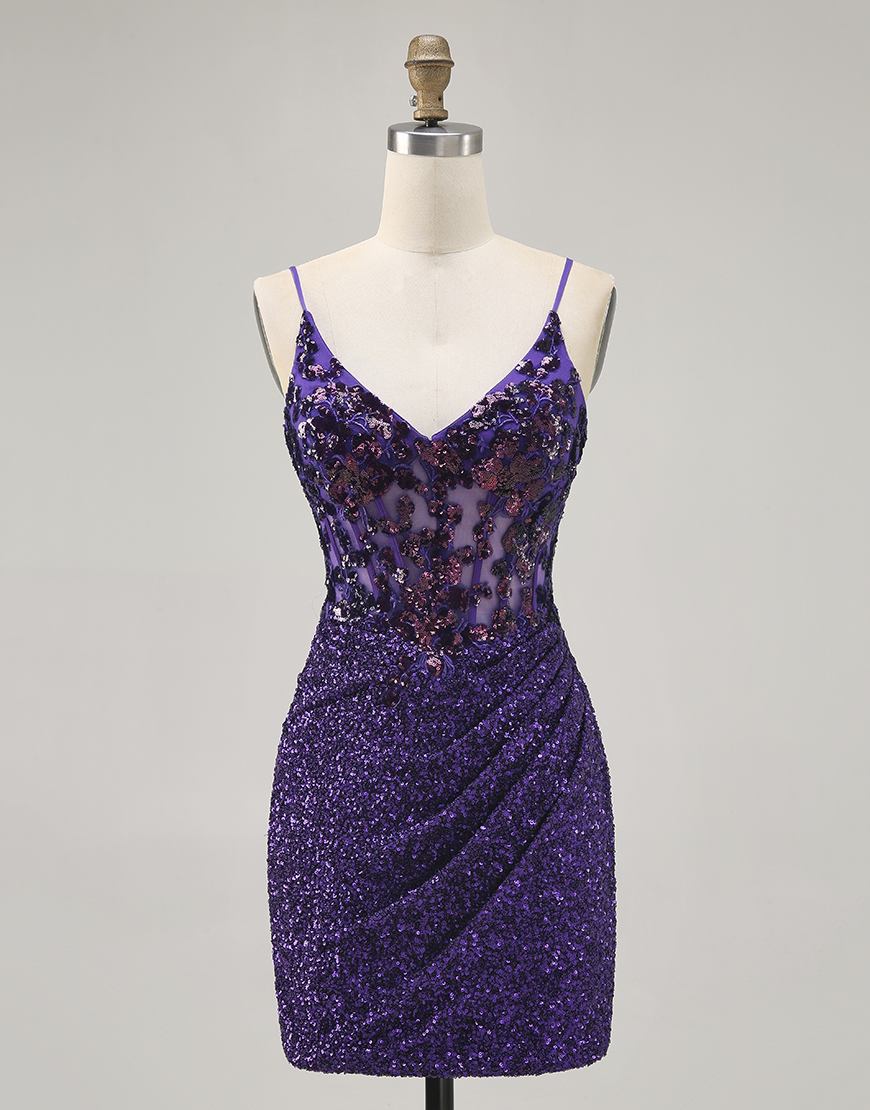 Sparkly Dark Purple Sequin Spaghetti Straps Short Corset Homecoming Dress