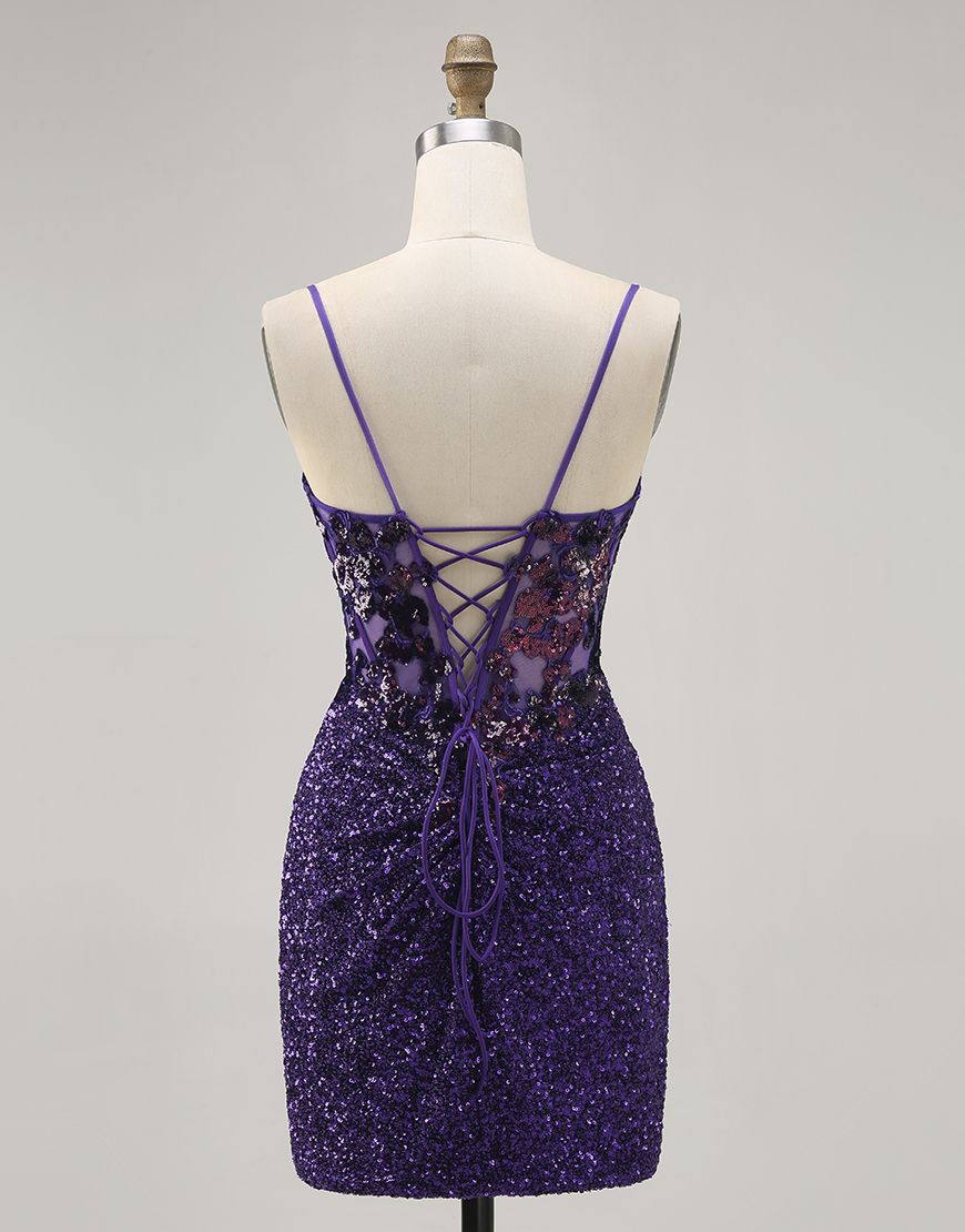 Sparkly Dark Purple Sequin Spaghetti Straps Short Corset Homecoming Dress