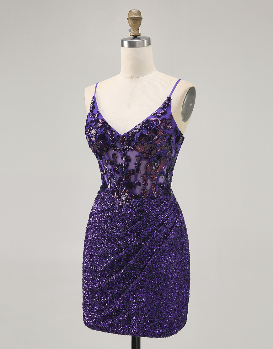 Sparkly Dark Purple Sequin Spaghetti Straps Short Corset Homecoming Dress