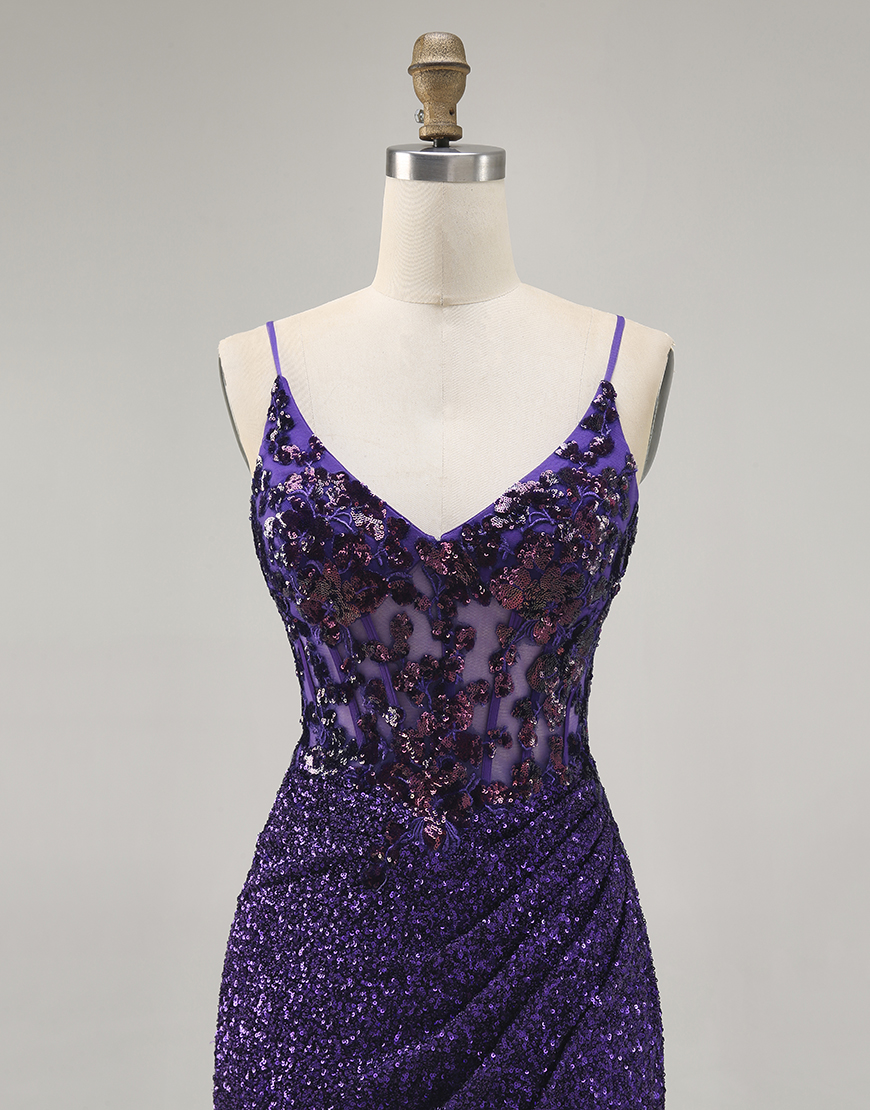 Sparkly Dark Purple Sequin Spaghetti Straps Short Corset Homecoming Dress