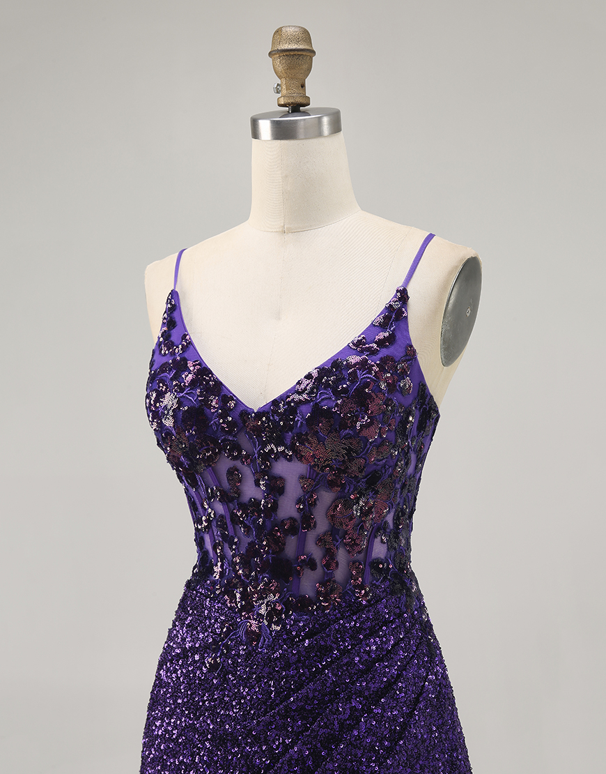 Sparkly Dark Purple Sequin Spaghetti Straps Short Corset Homecoming Dress