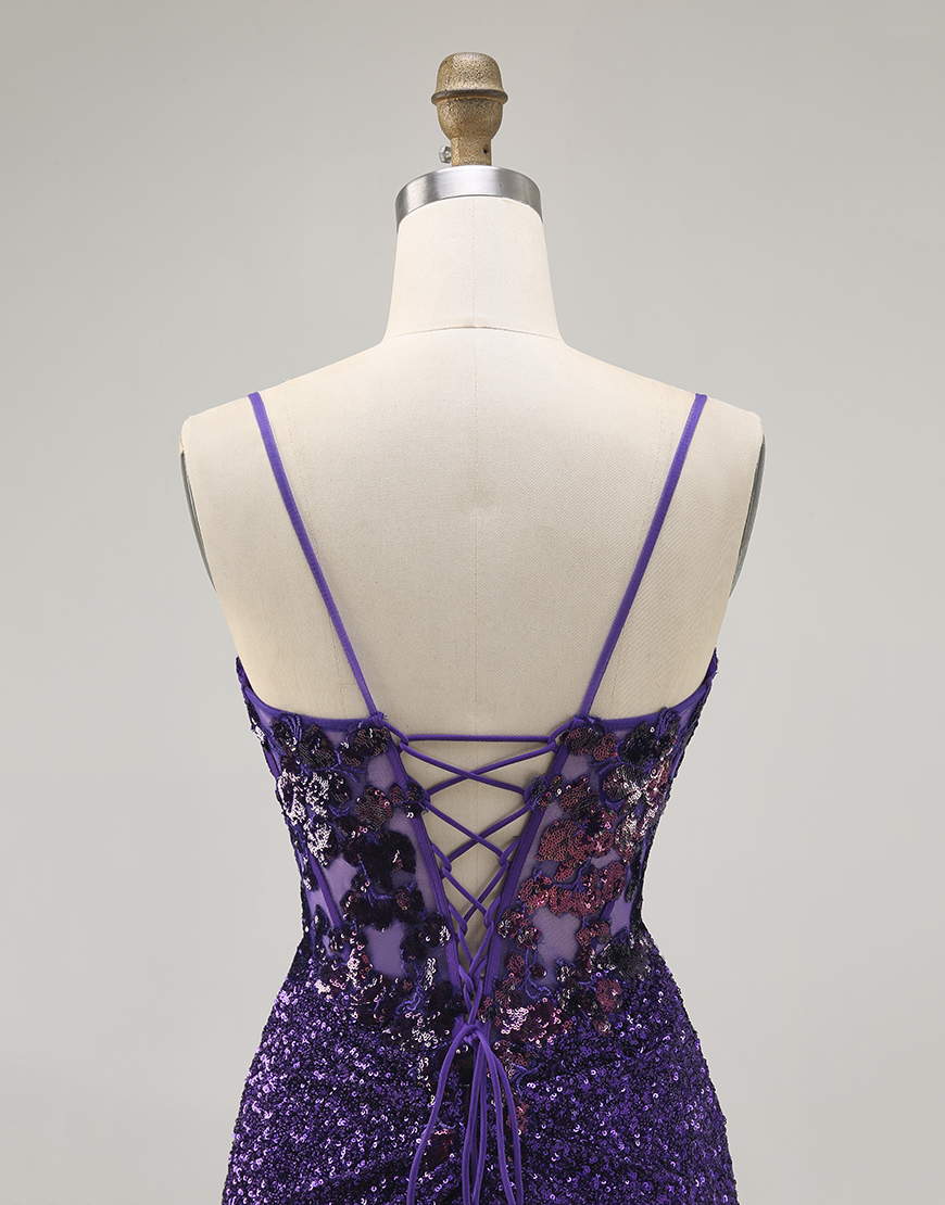 Sparkly Dark Purple Sequin Spaghetti Straps Short Corset Homecoming Dress